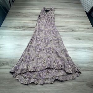 ANGIE Paisley Print Maxi Dress Ruffle Tiered Hem Sleeveless Purple Tan Size S